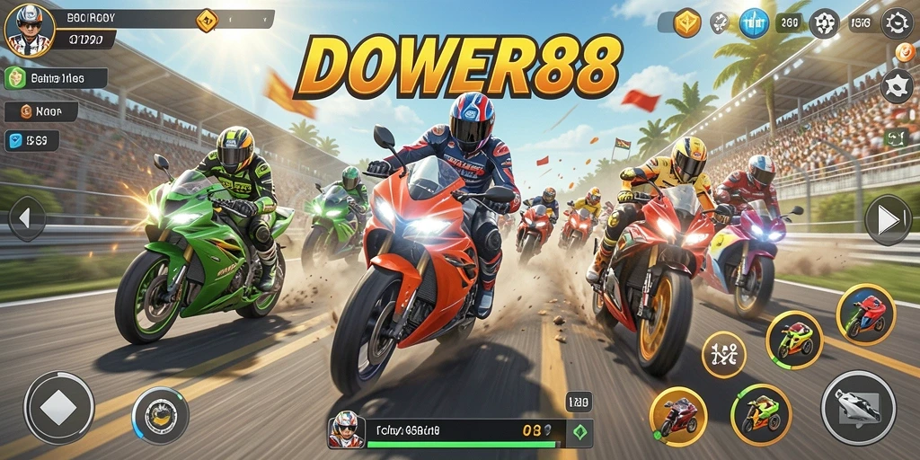 Tampilan gameplay seru DOWER88 dengan balapan motor di jalur menantang.