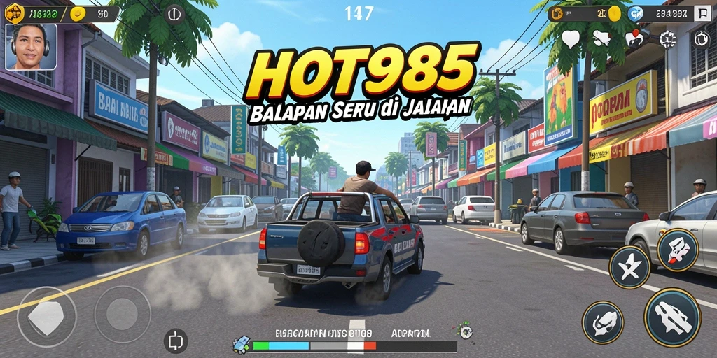 Screenshot gameplay HOT985 menunjukkan aksi balapan penuh adrenalin.