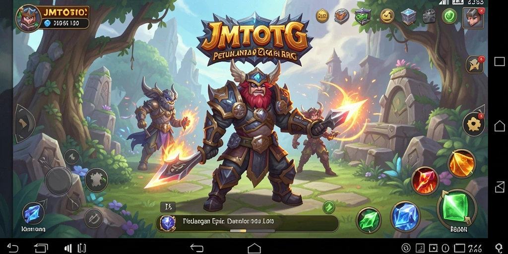 Screenshot utama JMTOTO menampilkan aksi seru dalam pertarungan RPG.