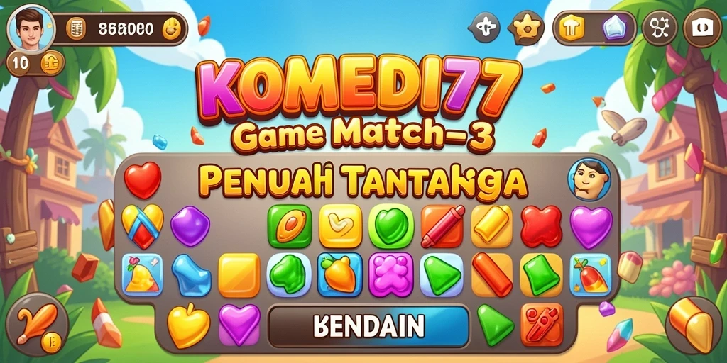 Tampilan seru gameplay Match-3 di KOMEDI77 dengan elemen berwarna-warni.