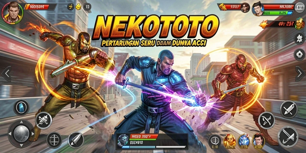 Screenshot gameplay NEKOTOTO menampilkan pertarungan yang intens dan mendebarkan.