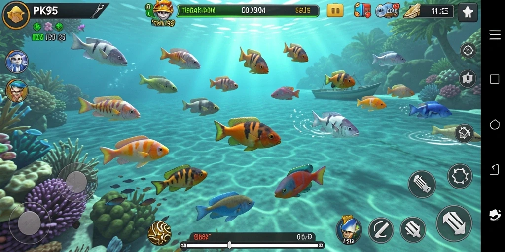 Screenshot utama PK95 menampilkan pengalaman menembak ikan yang seru.