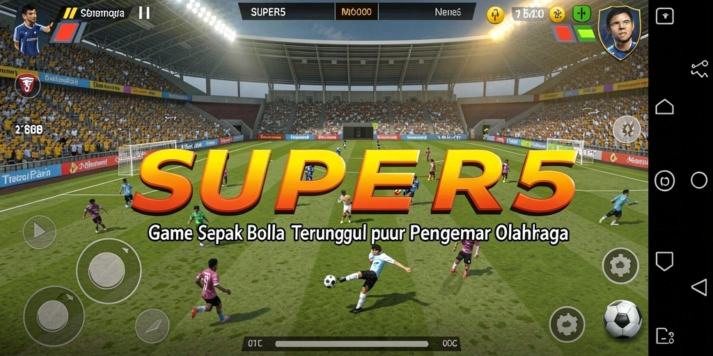Screenshot gameplay <strong>SUPER5</strong> menunjukkan momen seru di lapangan sepak bola.