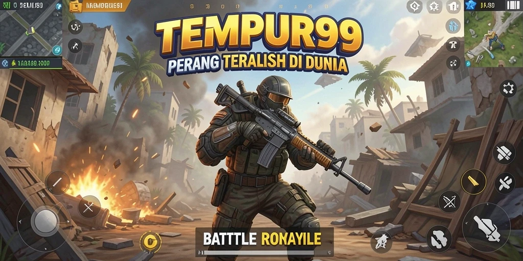 Screenshot permainan TEMPUR99 dengan aksi Battle Royale yang seru.