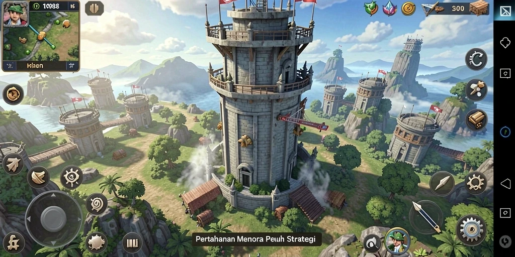Screenshot gameplay V98 menampilkan aksi menara yang mendebarkan.